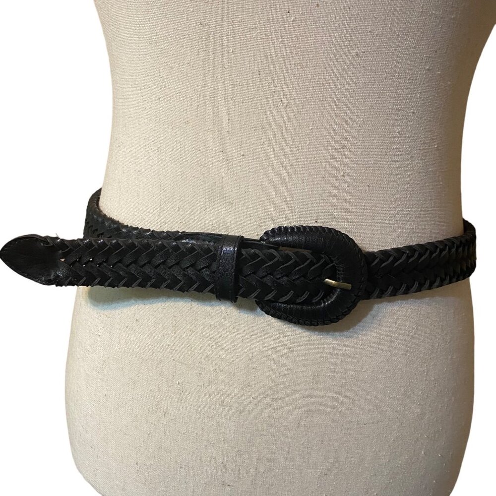 Vintage Black Woven Interwoven Braided Leather Belt Women Medium 33"